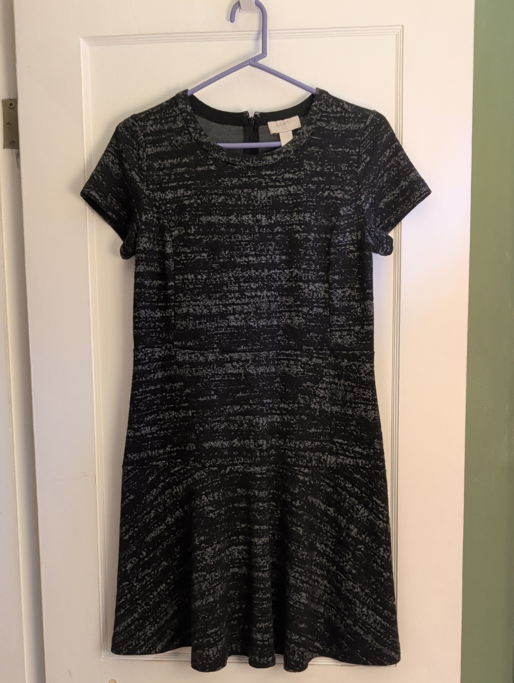 LOFT Black and Gray Short Sleeve Textured Fit-and-Flare Dress